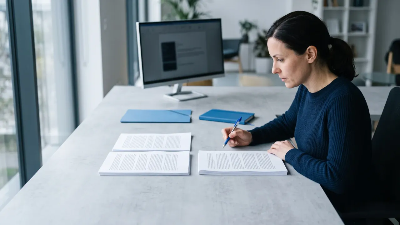 Reviewer comparing two printed versions of the same document side by side