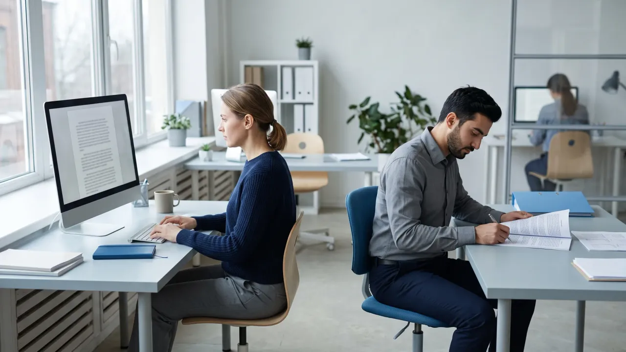Translator and reviewer working at adjacent desks on the same document