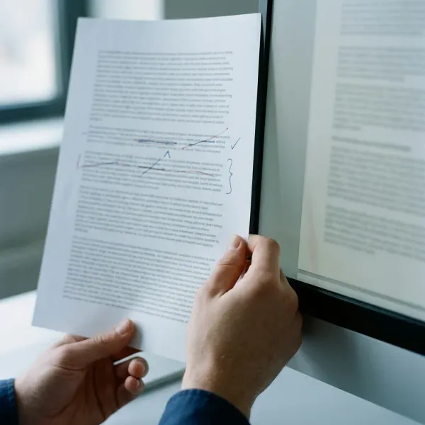 Hands holding a printed page up beside a monitor to compare the two versions