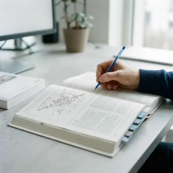 Reviewer marking corrections on a technical manual with sticky tabs along the edge