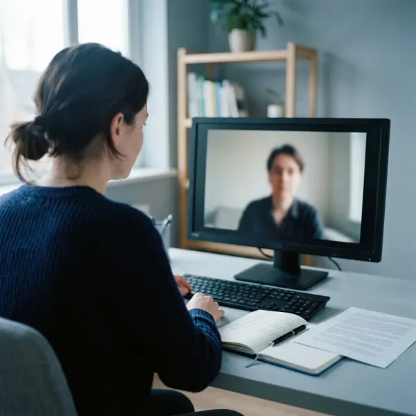 Linguist on a video call with a client, seen over the shoulder
