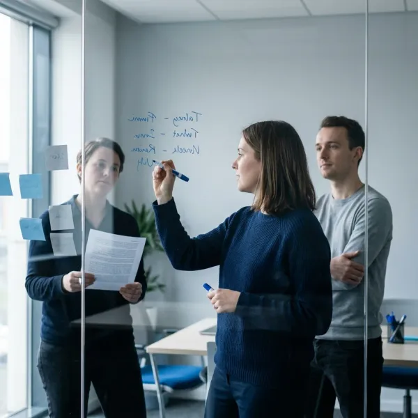 Three colleagues agreeing terminology at a glass whiteboard