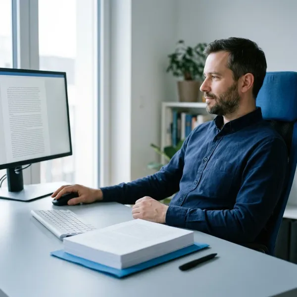 Translator finishing a job, the completed document squared up on the desk