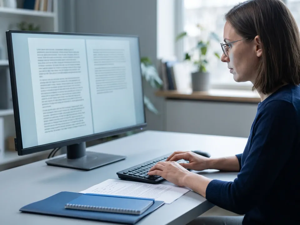 Translator at her desk comparing a source text and its translation on screen