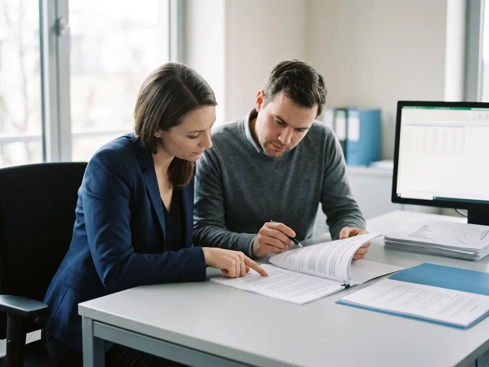 Two colleagues reviewing a printed contract together, one pointing at a clause