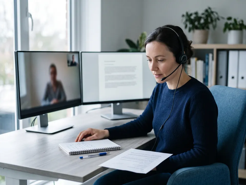 Linguist in a headset on a client call with a printed brief in front of her