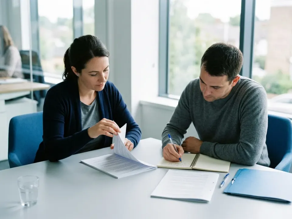 Two colleagues going through a document together at a meeting table